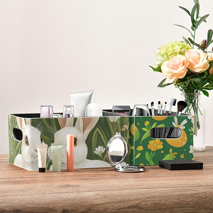 Green Easter Bunny Daisy Spring Closet Storage Bins 2 Pcs Felt Open Storage Containers Organizer with Handles Collapsible Shelf Basket for Home Office Craft Room Classroom Fabric