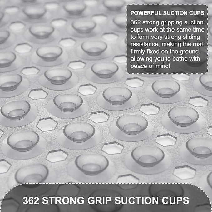 Upgrade Bath Tub and Shower Mats, Non Slip 40 x 16 Inch Extra Large Bathtub Mat, Machine Washable Bathmat with Drain Holes, Suction Cups for Bathroom Floor, Clear Gray