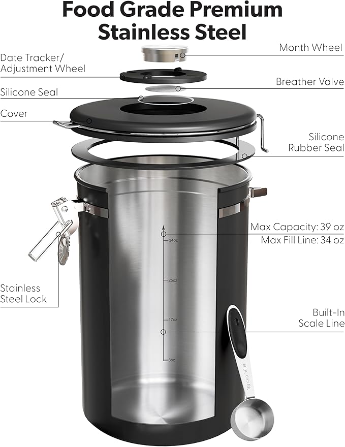 Veken Large Coffee Canister with Window, Kitchen Food Storage Airtight Stainless Steel Container for 2.2lbs Coffee Beans, Grounds, Rice,Tea, Flour, Cereal, Sugar Jars,Date Tracker and Scoop 39oz,Black
