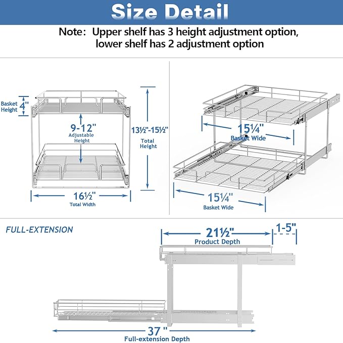 MODCART 2 Tier Individual Pull Out Cabinet Organizer 16½" W x 21½" D, Heavy Duty Cabinet Pull Out Shelves, Slide Out Drawers Organization for Kitchen Cabinets Bathroom