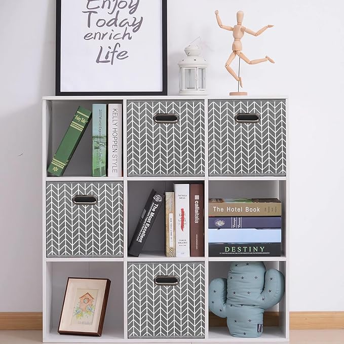 Black Foldable Storage Cubes Bins, Fabric Storage Box Cubes Organizer Baskets with Dual Handles for Home Organizer,Set of 3,(Grey Wave)