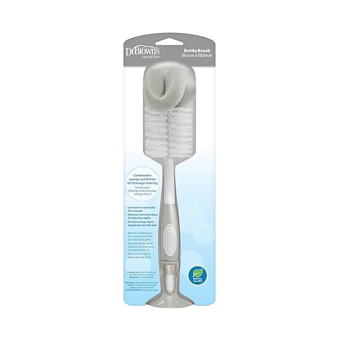 Dr. Brown's Reusable Sponge Baby Bottle Cleaning Brush with Suction Cup Stand, Scrubber and Nipple Cleaner, BPA-Free, Gray, 2-Pack
