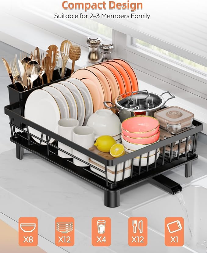Dish Drying Rack, Stainless Steel Drainer Rack with Drainboard with Smart Drainage System, Space Saving Dish Strainer for Kitchen Counter with Cutlery Holder, Black