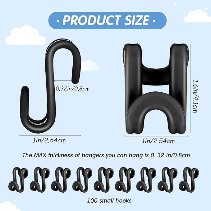 Unittype 200 Pcs Space Saving Hanger Hooks, Clothes Hanger Connector Hooks, Heavy Duty Space Saver Extender Clips for Closet Organizers (Black)