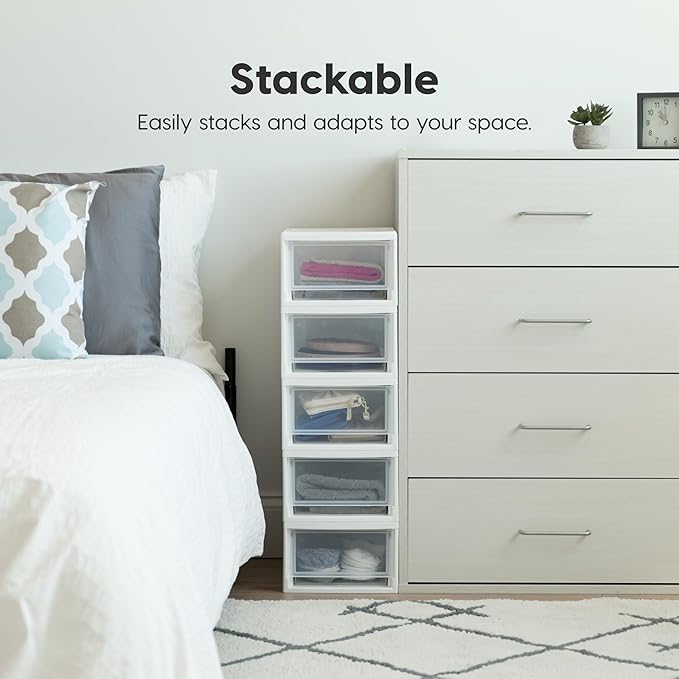 IRIS USA 6 Qt. Plastic Drawer Storage Organizer Stacking Drawers, 4-Pack, Stackable Unit with Sliding Drawer for Clothes Bedroom Kitchen Under Sink Pantry Craft Room Bathroom Dorm Office, White