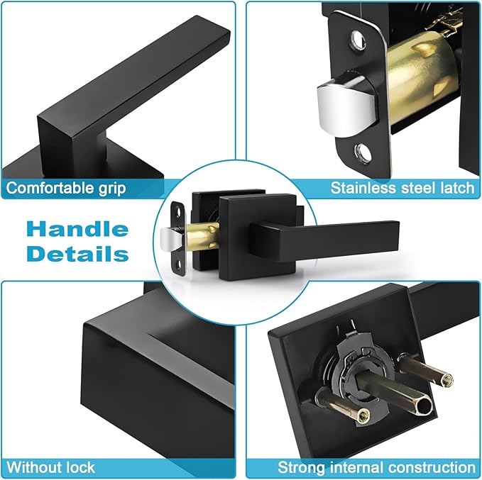 Estmoon 2 Pack Passage Door Levers, Matte Black Door Knobs Interior Square Door Handles, Heavy Duty Non-Locking Leversets Hall Closet Handles, Reversible for Right & Left Sided Doors