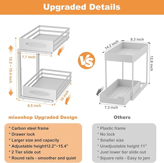 Under Sink Organizer, 2 Tier Under Sink Organizers and Storage, Adjustable Height, Slide out Metal Cabinet Organizers, Pull out Cabinet Storage Drawer Shelf for Kitchen Bathroom White 2Pack