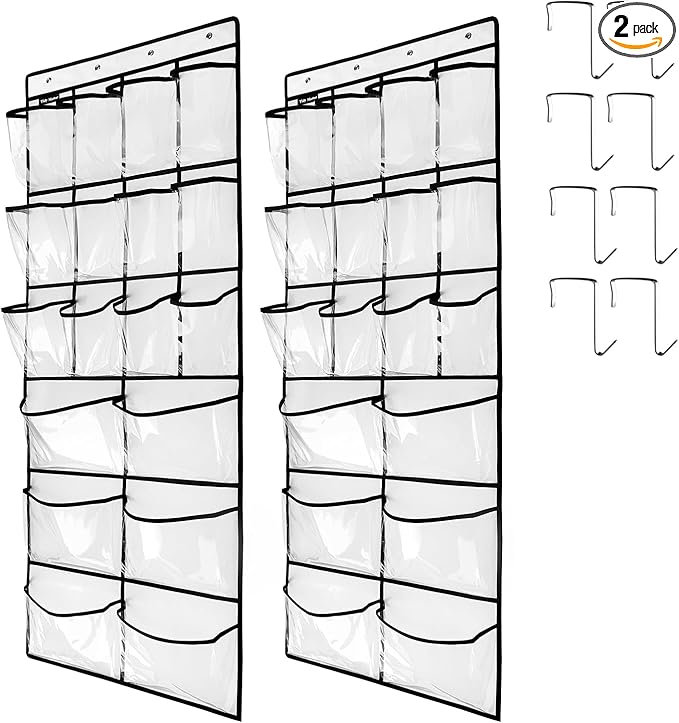 TidyMaster 2 Pack Extra Large Hanging Crystal Clear Over Door Shoe Organizers, Closet Shoe Rack Organizer, 12+6 Pockets, 8 Hooks, White (59" x 21.6")