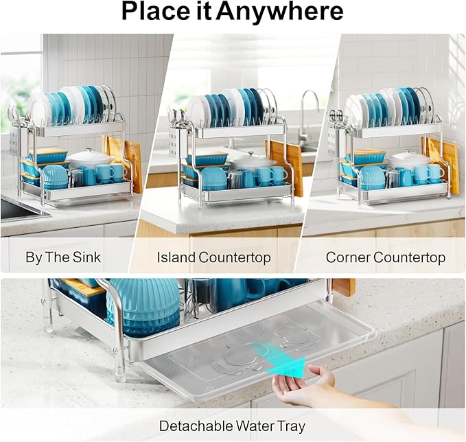 GSlife Dish Drying Rack for Kitchen Counter - Stainless Steel 2 Tier Dish Drainer with Drain Board, Stainless Steel Utensil Holder, Cutting Board Holder, 21" L x 10.8" W x 13.8" H, Silver