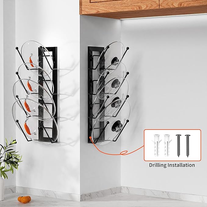 8 Layers of Adjustable Pot Lid Organizer Rack for Cabinet Door/Wall，2Pack Lid Organizer Pots and Pans Holder for Kitchen Storage with No Drilling Adhesive 5.7 W“(Black)