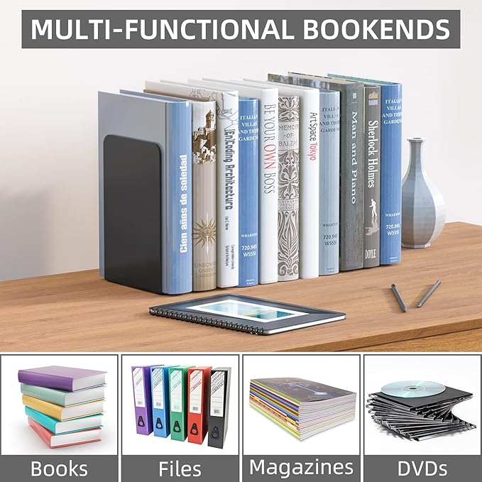 VFINE Metal Bookends 2 Pairs, Black Book Ends, Bookends for Shelves, Book Stopper for Heavy Books, Book Dividers for Home Office School Supplies