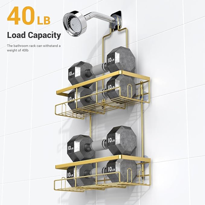 Shower Caddy Hanging Bathroom Organizer: Rustproof Shelf for Inside Shower - No Drilling Racks Over Showerhead - Bath Shelves for Shampoo Soap Gold