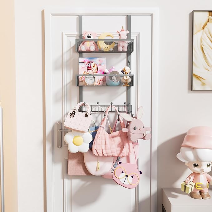 HapiRm Over The Door Hanger with Coat Hooks and 2 Baskets, Rustproof & Waterproof Over The Door Hooks, Storage Organizer for Hats, Bathroom, Kitchen, Bedroom - Grey