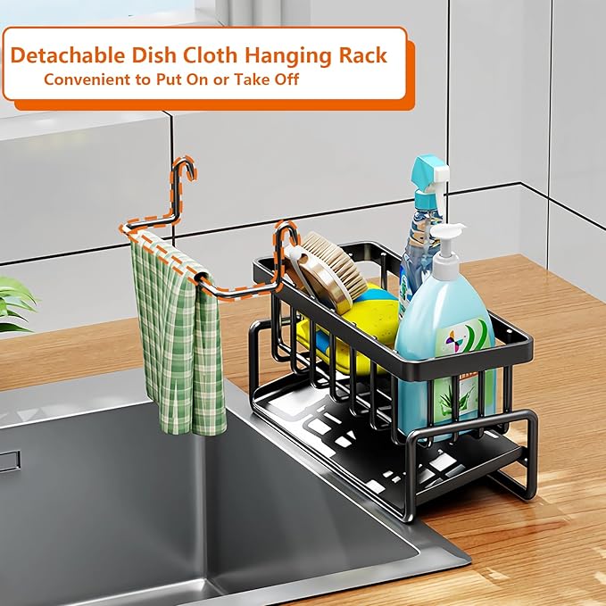 Kitchen Sink Organizer Caddy, Stainless Steel Sink Sponge Holder 30°Tilt Self-Drainage,Sponge Rack with Dish Brush Holder,Soap Dispenser for Kitchen Countertop Storage,9.1x4.1x3.5 Inch