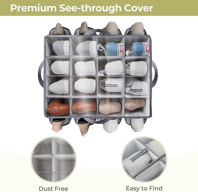 Shoe Organizer for Closet, Shoe Storage Solution with Clear Cover & Adjustable Dividers, Fabric Shoe Box Fits 16 +8 Pairs Shoes, Grey, 2-Pack