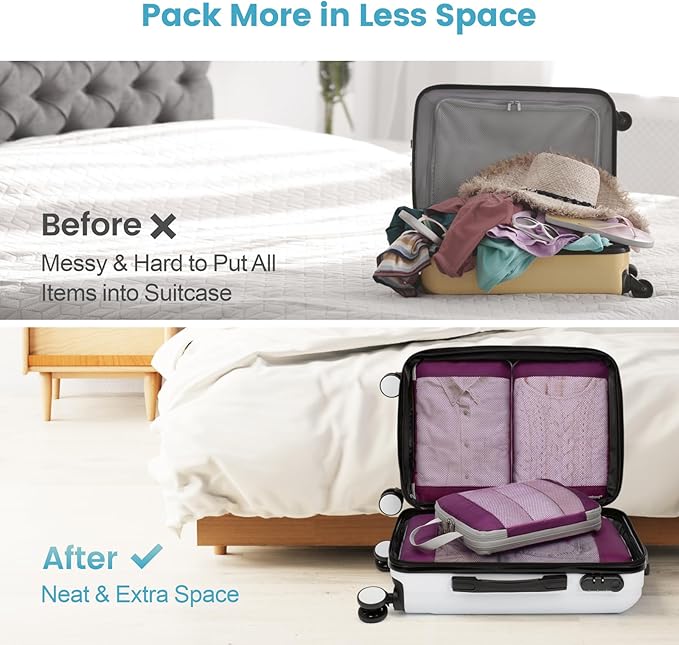 Cambond See Through Mesh Compression Packing Cubes - 4 Set Space Saving Packing Cubes for Travel Women, Lightweight Travel Bags Luggage Packing Organizer Essentials for Suitcases, Purple