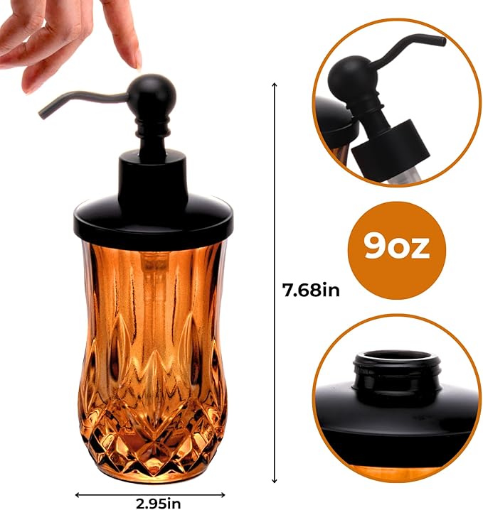 9Oz Amber Glass Soap Dispenser with Matte Black Zinc Alloy Pump,Lead-Free Thick-Cut Glass,Countertop Soap Dispensers for Bathroom & Kitchen,Round