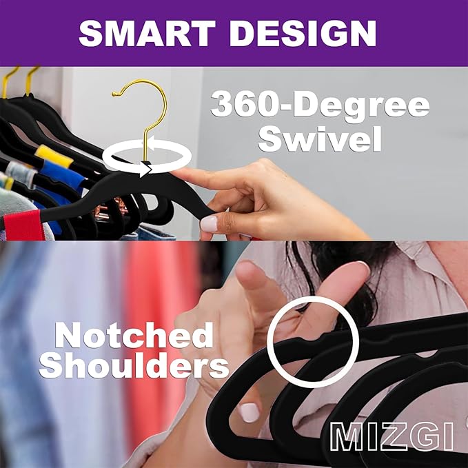 MIZGI Premium Velvet Hangers - 40 Pcs Heavy Duty, Non Slip Felt, Space Saving, White with Gold Hooks