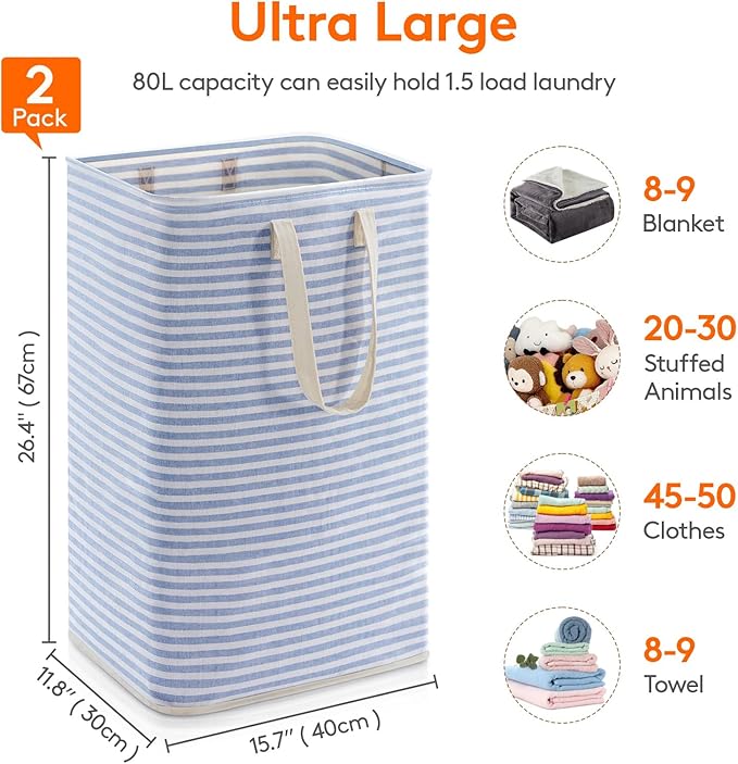 Lifewit 2 Pack Laundry Hamper Large Collapsible Laundry Baskets, Freestanding Waterproof Clothes Hamper with Easy Carry Handles in Laundry Room Bedroom Bathroom College Dorm, Grey&Blue, 2 x 80L