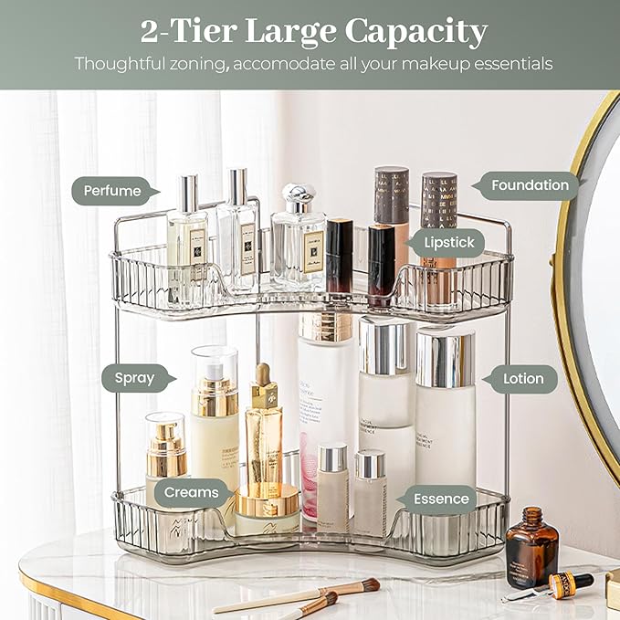 Aveniee Corner Bathroom Counter Organizer, Bathroom Countertop Shelf Makeup Organizer for Vanity Perfume Tray for Corner Storage (2 Tiers, Grey)