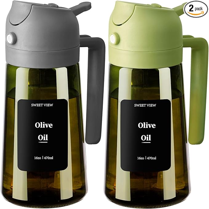 2PCS Olive Oil Dispenser and Oil Sprayer – 16oz/470ml Glass Light-Proof Oil Pourer for Kitchen, Air Fryer, Cooking, Salad, and BBQ