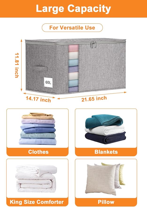 Punemi Large Clothes Storage Bags, 2 Pack Comforter Storage Bag with Sturdy Structure/Zipper for King/Queen Comforters Quilt Duvet Pillows Blankets, Closet Organizers, 21.7x14.2x11.8in