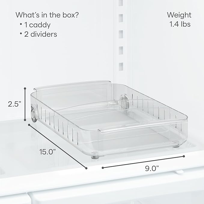 YouCopia RollOut Fridge Caddy BPA-Free Clear Rolling Refrigerator Organizer Bin with Adjustable Dividers and Handles,9" Wide,(Pack of 6)