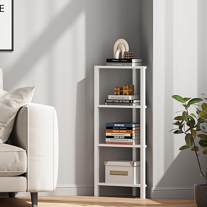 TUTOTAK Corner Shelf, 4-Tier Corner Bookshelf for Small Space, Narrow Display Corner Shelf Stand with Storage Rack, for Living Room, Bedroom, White BS05BW004