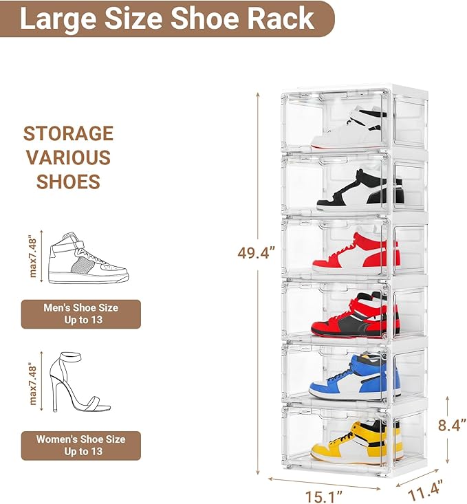 BROVIEW Led Shoe Boxes, Shoe Display Case with Lights, Large Clear Plastic Foldable Shoe Storage Box, Voice Activated Led Shoe Organizer Sneaker Case, Collection Crate, 2 Row 6 Tier White