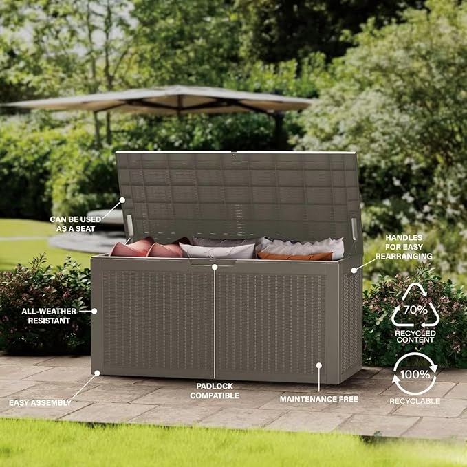 Outdoor Storage Box 180 Gallon Waterproof, Large Lockable Resin Deck Box Patio Storage Bin for Pool Accessories Cushion Furniture, Garden Tools, UV-Resistant Outside Delivery, Grey