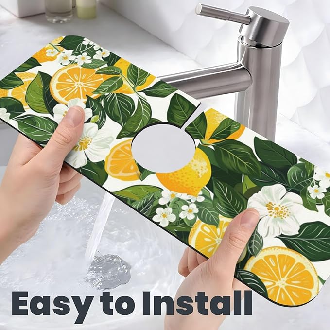 Faucet Draining Mat For Kitchen Sink, Yellow Lemons Green Leaves Diatom Mud Absorbent Drain Pad For Bathroom Kitchen Sink Splash Guard Drying Mat