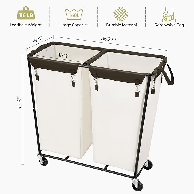 390L Laundry Hamper Sorter Extra Large, Heavy-Duty Laundry Basket with Wheels, Rolling Cart with Removable Bags, Laundry Cart for Hotel and Home, Beige, 2-Section