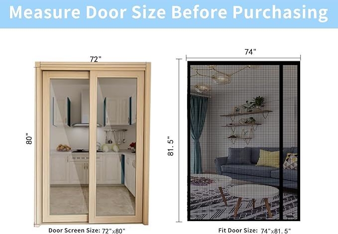 Reversible Left or Right Side Opening Magnetic Screen Door, Narrow Durable Fiberglass Mesh Curtain Hands Free for Patio, Bedroom, Fits Door Size 72" x 80", Black