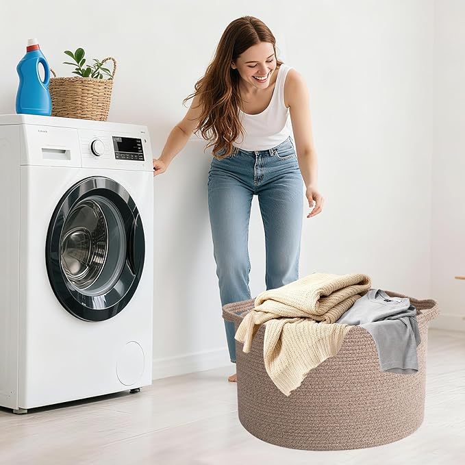 115L Large Blanket Basket,23.6" L x 23.6" W x 15.7" H Rope Woven Baskets with Handles, Toys Storage Bins,Laundry Basket Perfect for Living Room, Nursery,Bedroom,Home Organization,Brown
