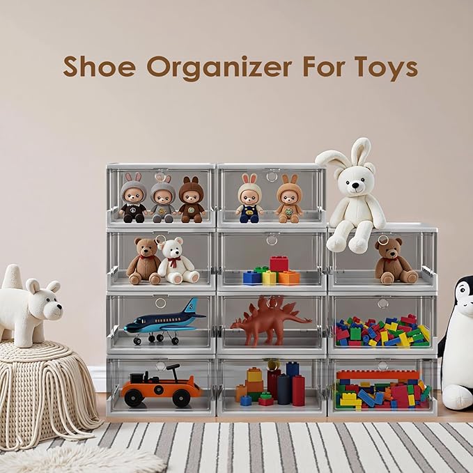 Thicken & Sturdy Clear Shoe Boxes with Magnetic Door, 3 Pack Stackable Multi-functional Shoe Storage, Shoe Organizer for Closet, Space Saving, 360 ° Dustproof & Moisture-proof, Fits Up to US Size 13