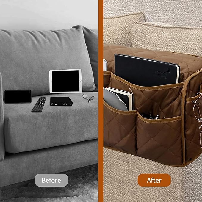 MEHIDFY Armchair Caddy Remote Control Holder for Couch Recliner Armrest Organizer Non Slip Couch Arm Covers for Sofa with 14 Pockets Storage for Magazine, Tablet, Phone, iPad (Brown 2pcs)