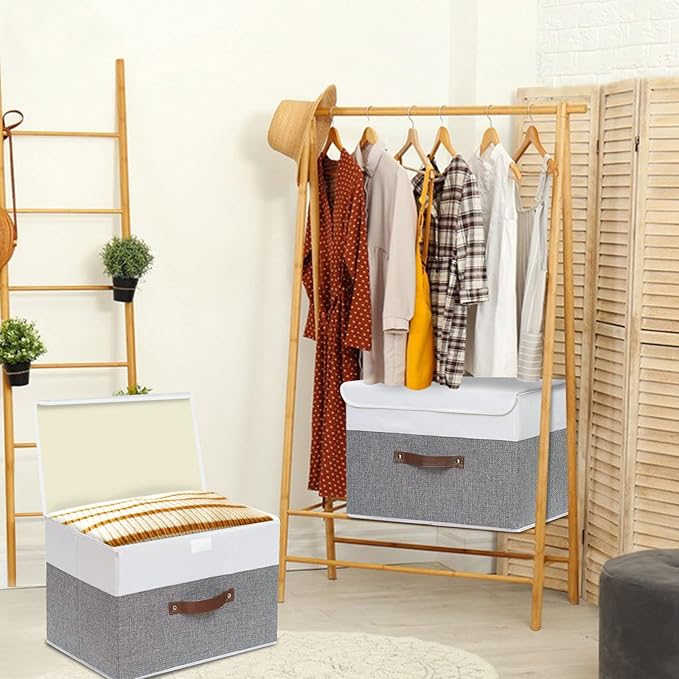 Yawinhe Collapsible Storage Bin, Cube Organizer Basket, Fabric Box with Lids, Washable and Leather Handle, for Home, Closet, White/Grey, 13.0''Lx9.0''Wx7.9''H, 1-Pack, SNK024WGS-1