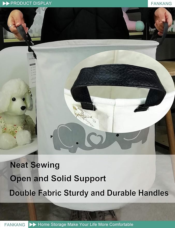 FANKANG Storage Basket, Nursery Hamper Canvas Laundry Basket Foldable with Waterproof PE Coating Large Storage Baskets for Kids Boys and Girls, Office, Bedroom, Clothes,Toys（Love Elephant）