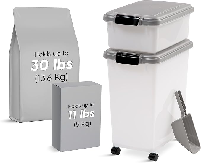 IRIS USA 30 lbs & 11 lbs Combo Airtight Dog Food Storage Container, Stackable Treat Box, 2-Cup Scoop, Wheels, Keep Fresh, Easy Mobility, Silver