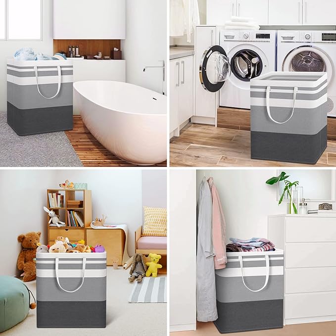 HomeHacks 3-Pack Large Laundry Basket, Waterproof, Freestanding Laundry Hamper, Collapsible Tall Clothes Hamper with Extended Handles for Clothes Toys in the Dorm and Family-(Gradient Grey, 100L)