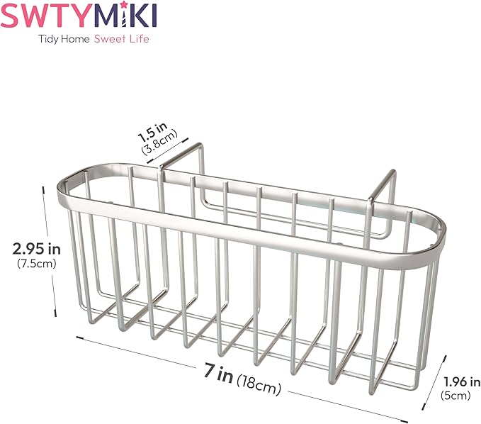 SWTYMIKI Sponge Holder for Kitchen Sink, Movable Kitchen Sink Caddy with Compact Size Rustproof and Waterproof Hanging Sponge Caddy for Double Bowl Sinks, Silver
