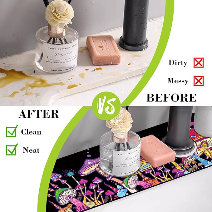 Sink Faucet Absorbing Mat Magic Mushrooms Sink Splash Guard Drying Mat for Kitchen Bathroom Faucet Sinkmat 23.5"X5.5"