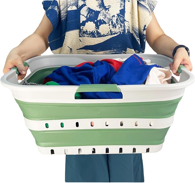 SAMMART 42 (11 Gallons) Collapsible Plastic Laundry Basket, Foldable Pop Up Storage Container/Organizer, Space Saving Hamper, Portable Bin for Dorm Room Bathroom (2, Grey/Dark Sea Green)