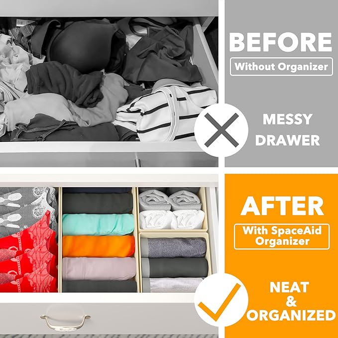SpaceAid Drawer Organizer Clothes, 12 Pack Dresser Organizer Bins for Nursery, Closet Organization and Storage Dividers for Clothing, Baby Clothes, Underwears, Socks (Beige)