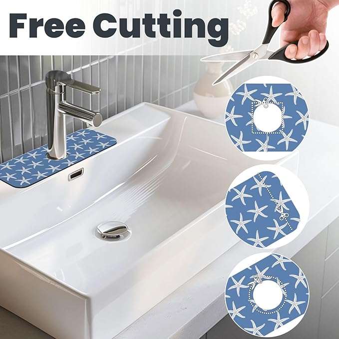 Blue Starfish Abstract Coastal Beach Nautical Ocean Kitchen Sink Splash Guard Faucet Mat Super Absorbent Fast Drying Mat Sink Gadgets-Fast Drying Pad Sink Mat For Kitchen Bathroom (15" X 5.5" )