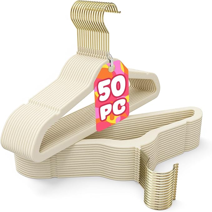 Korpai 50 Pack Kids Velvet Hangers 14 Inch, Non-Slip, Ultra Slim,Space-Saving Kids Hangers with 360° Swivel Hook, 7LBS Capacity, Kids Clothes Hangers Ideal for Youth's Dresses/Shirts/Coats, Beige