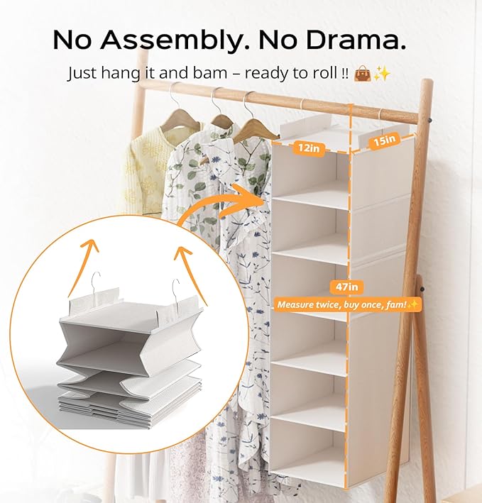 Extra Deep Hanging Closet Organizer with Shelves and Oversized Mesh Pockets, Heavy-Duty Structure, No Deformation, Max Storage for Clothes, Shoes, Hats, Dorms and RVs,1-Pack (White, 6 Tier)