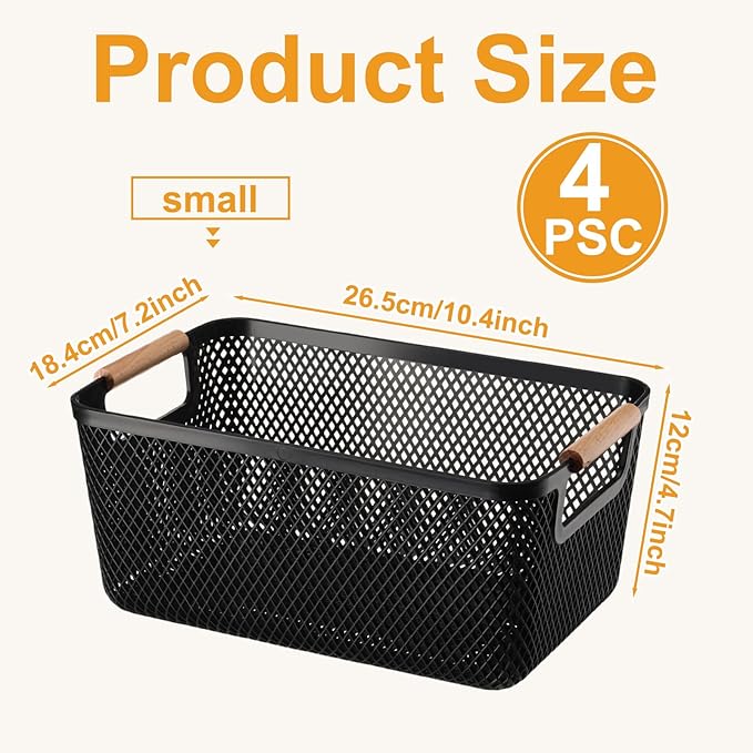 Tioncy 4 Pcs Plastic Mesh Baskets with Wood Handle Woven Mesh Storage Organizer Bins Multi-function Rectangle Baskets for Home Pantries Shelves Closet Kitchens Bedrooms(10.4 x 7.2 x 4.7 Inches)