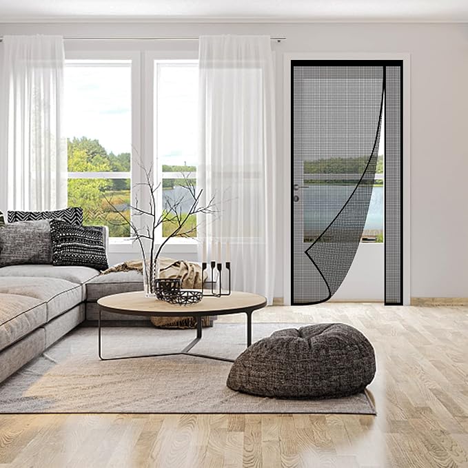 Reversible Left or Right Side Opening Magnetic Screen Door, Narrow Durable Fiberglass Mesh Curtain Hands Free for Patio, Bedroom, Fits Door Size 38" x 82", Black