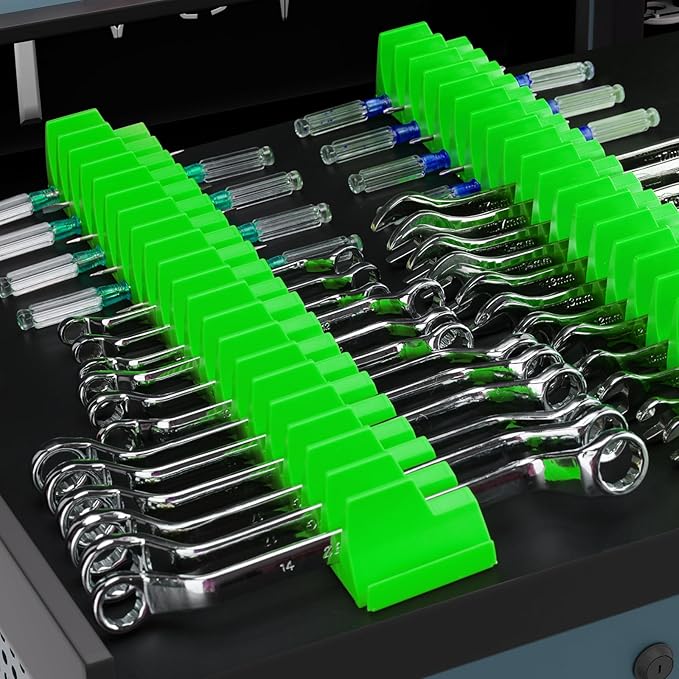42 Pieces Modular Wrench Organizer Magnetic Wrench Holder Plastic Modular Tool Organizers with Label for Tool Drawer Storage (Green, for 100 Wrenches)